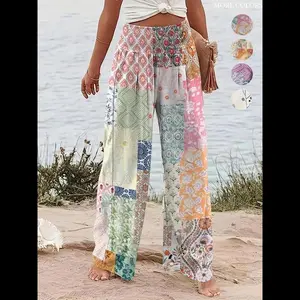 Women's Patchwork / Floral Print Elastic Waist Wide Leg Pants, Baggy Boho Casual Trousers for Beach Vacation Holiday, Ladies Bottoms for All Seasons, Womenswear