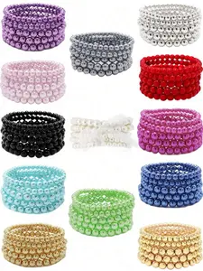 5 Pcs Faux Pearl Bracelet Set For Women Beaded Stretch Strand Bracelets For Bridesmaid,Bridal,Party Jewelry(Excluding White Ribbons)