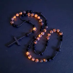 The Unruled Jewel Natural Obsidian Yooperlite Rosary Necklace UV Reactive Protection Necklace Hematite Stone Cross Pendant Necklace Gift for her, gift for him