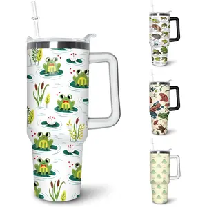 40oz Insulated Leakproof Stainless Steel Frog Thermo Tumbler - Portable Kitchenware Drinkware with Handle, Straw, Lid, Reusable Beverage Flask, Coffee Travel Mug Water Bottle Gift for Women