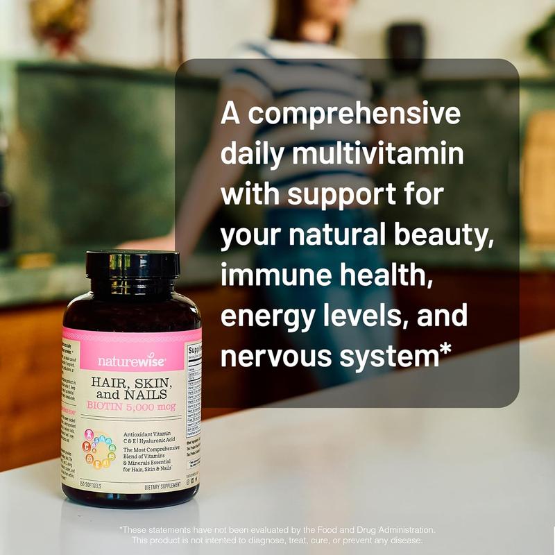 NatureWise Hair Skin and Nails Vitamin, Biotin 5000mcg w/Hyaluronic Acid, Collagen for Women with C, B Complex, D3, A, E, Iron - Non-GMO, Gluten Free - USA Manufactured
