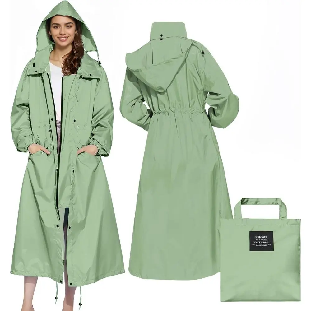 Women's Long Sleeve Waterproof Oxford Cloth Rain Jacket - Lightweight, Packable, Breathable, Foldable, Adjustable Hooded Windbreaker with Hide Zipper & Button Double Closure, Casual Trench for Camping, Hiking, Pair with Jeans, Slacks, Tops, Raincoat, Fit,