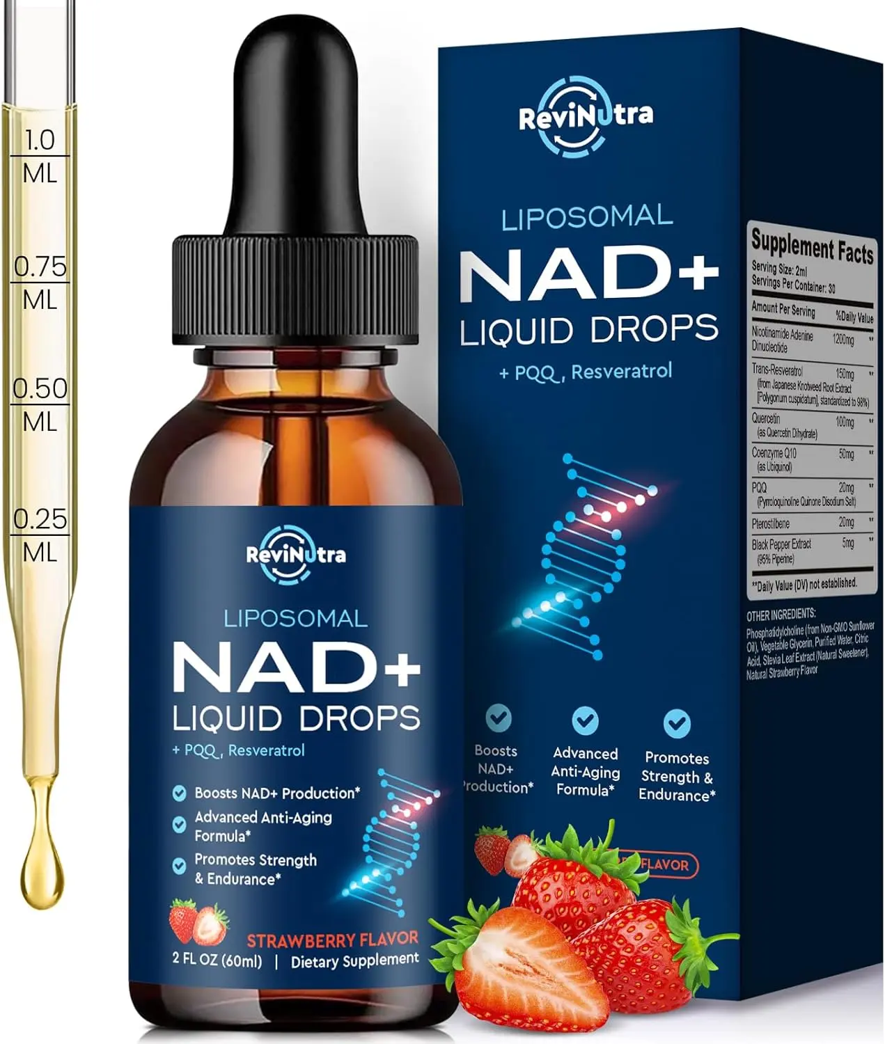 Liposomal NAD+ Liquid Supplement with Resveratrol for Women and Men Nicotinamide with PQQ CoQ10 and Quercetin for Anti-Aging Brain Health and Cellular Energy Strawberry Flavor 2 Fl Oz High Absorption Longevity and Vitality Formula