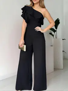 Women's Plain One Shoulder Ruffle Jumpsuit, Elegant Fashion Casual Jumpsuit for Daily Outdoor Wear, Women Jumpsuits for Summer