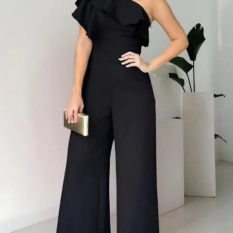 Women's Plain Fabric One-Shoulder Ruffle Slim-Fit Jumpsuit, Elegant Casual Fashion, Jumpsuit for Daily Outdoor & Summer Wear