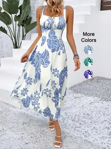 Elegant Women's Floral Print Wide Strap Dress, Backless Ruched Design, Sleeveless Long Dress for Vacation