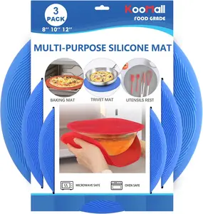 KooMall 3-in-1 Multi-Use Silicone Microwave Mat Set - Non-Slip Heat Resistant Trivet, Splatter Guard Food Cover, Pot Holders & Dish Drying Pads for Kitchen Counter (8/10/12 Inch, Blue)