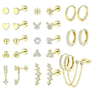 Hypoallergenic Medical Grade 316L Surgical Steel Flat Back Earring Multi-Style Set, Tarnish Resistant Cubic Zirconia Studs & Small Hoop Earrings, Comfort Piercing Jewelry for Sensitive Ears & Multiple Ear Piercings Daily Wear