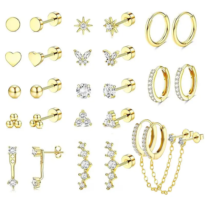 Hypoallergenic Medical Grade 316L Surgical Steel Flat Back Earring Multi-Style Set, Tarnish Resistant Cubic Zirconia Studs & Small Hoop Earrings, Comfort Piercing Jewelry for Sensitive Ears & Multiple Ear Piercings Daily Wear