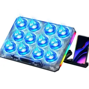 TheF12 Laptop Pad with 12 Quiet Fans Slim Portable for 12-17.3 Inch Cooler Stand 5 Height Adjustable Gaming Fan Two USB Ports & Phone Holder RGB Lights