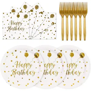 75PCS Happy Birthday Paper Plates - 7 Inch White Gold Dot Paper Plates and 6.5 Inch Napkins with 6.3 Inch Forks Disposable Tableware Set for Birthday Party Decorations, Serves 25