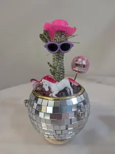 Pink Pony Club Disco Cactus Live Plant in soil and Disco Ball Planter with decorations package
