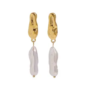 Gilded Wave Drop Earrings - 18k Gold-Plated Stainless Steel + Irregular Freshwater Pearl