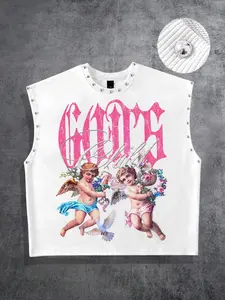 God Angel Unisex Summer Tank Top, Metal Collar Sleeveless T-Shirt, Loose Fit Streetwear Street Style, Graphic Print, H-Type Silhouette