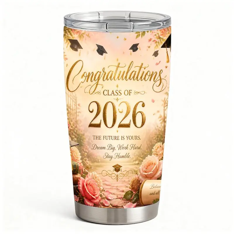 20oz Graduation Cap & Rose Stainless Steel Tumbler Mug - Portable Vacuum Insulated Flask with Lid, Double-Wall Design, Fits in Car Cup Holders, Ideal for Coffee, Iced Tea, Class of 2026 Gifts, Backpacks & Desks