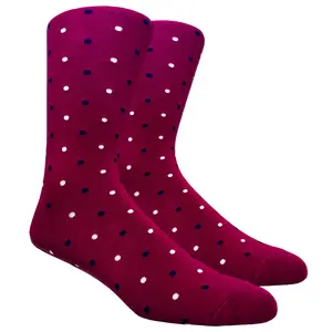 Burgundy Dress Socks with White and Navy Blue Polka Dots