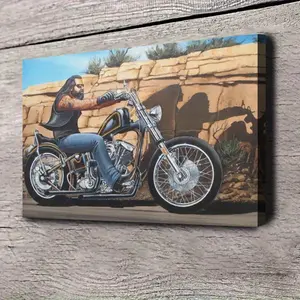 1pc Dave Mann Motorcycle Desert Landscape Canvas Poster - Framed Biker Art Painting with Hooks, Vintage Motorcycle Rider Wall Decor for Living Room, for Man Cave, Garage - Ready-to-Hang Home Decoration, Dynamic Artwork, Premium Finish, 2D Flat