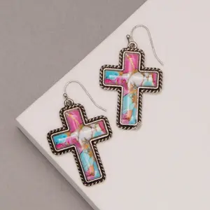 Cotton Candy Western Silver Cross Earrings-Fashion Jewelry