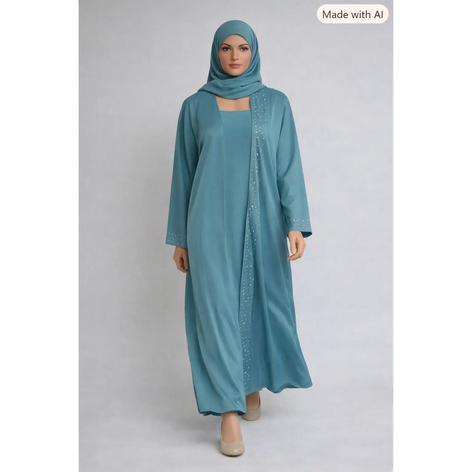 Sage Teal Beaded 3 Pieces Abaya Set Size 56 Elegant Traditional Islamic Dress for Women