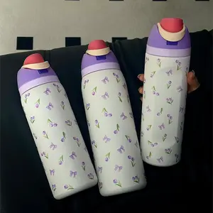 Floral Pattern Vacuum Flask, 1 Count 24oz/32oz/40oz Stainless Steel Insulated Water Bottle with Straw, Drinking Cup for Home Office School Outdoor, Drinkware