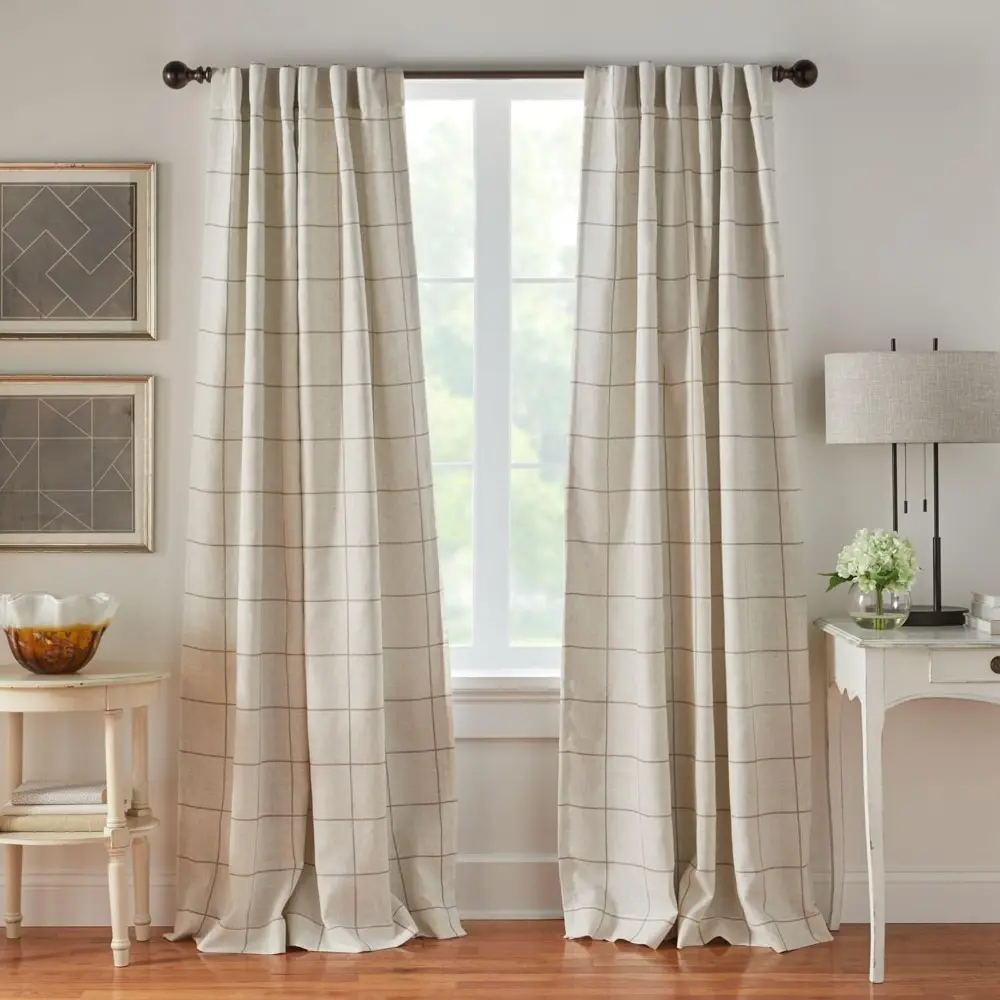 Brighton Windowpane Plaid Linen Blackout Window Curtain - 52"x84" 1 Panel, Rod Pocket Tabs Drape, Blackout Window Cover, Light Block Indoor Home Decoration Curtain, Farmhouse Home Decor for Living Room/Bedroom, Home Textile