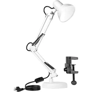 Metal Desk Lamp, Adjustable Swing Arm Table Lamp with Interchangeable Base Or Clamp; Eye-Caring Desk/Clip Reading Lamps for Bedroom, Study, Office (White)