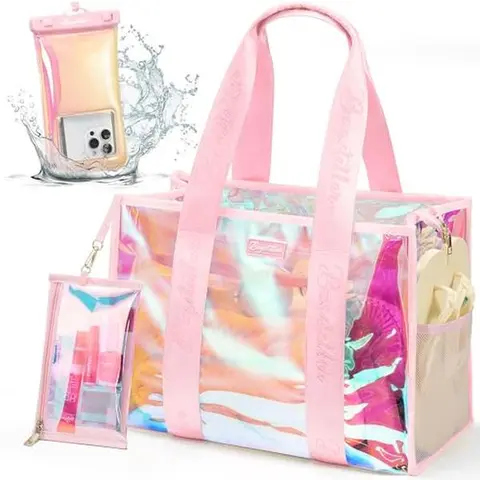 Bagstellar Women's Casual Clear Iridescent Zipper Tote Bag - Sandproof PVC Beach Tote with Makeup Bag, Waterproof Phone Pouch, Wipe-Clean Saves Post-Trip Time, Home Organizer Easter Basket Essential, Iriscent