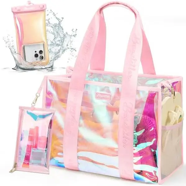 Bagstellar Women's Casual Clear Iridescent Zipper Tote Bag - Sandproof PVC Beach Tote with Makeup Bag, Waterproof Phone Pouch, Wipe-Clean Saves Post-Trip Time, Home Organizer Easter Basket Essential, Iriscent