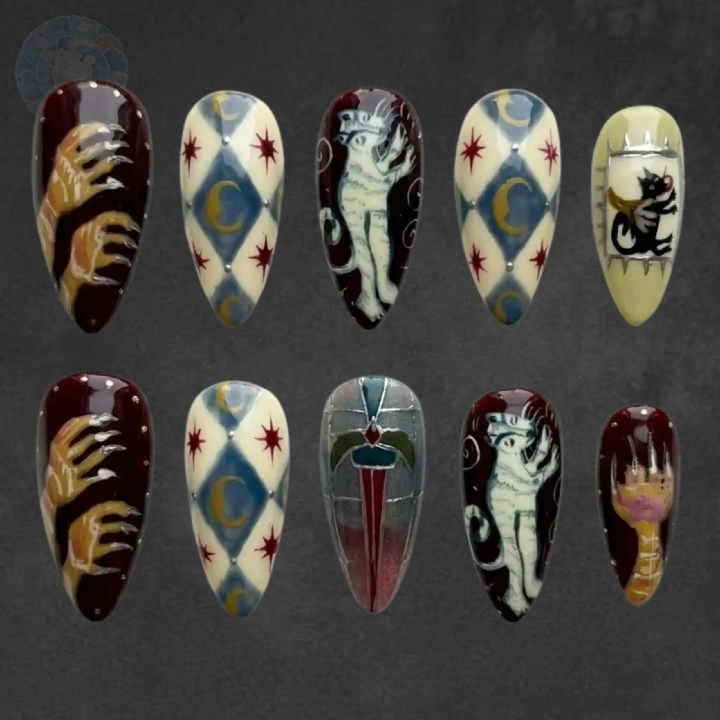 Handmade Press On Nails | Whimsical Medieval | Vintage Harlequin Pattern & Stained Glass Dagger Design