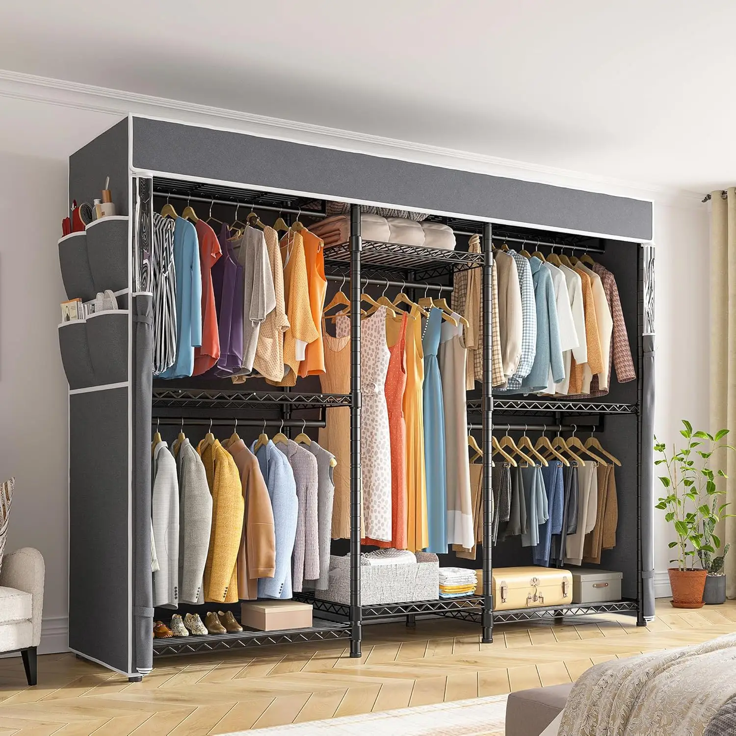 【TikTokShopLaborDaySale】 Raybee Heavy Duty Clothes Rack with Cover Loads 900LBS Portable Closet Wardrobe Racks for Hanging Clothes Freestanding Garmen