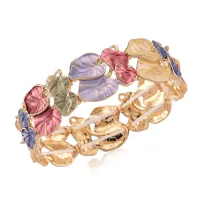 Multi Color Enameled Lily Pad Leaves Bangle Bracelet in Goldtone 7-7.5In