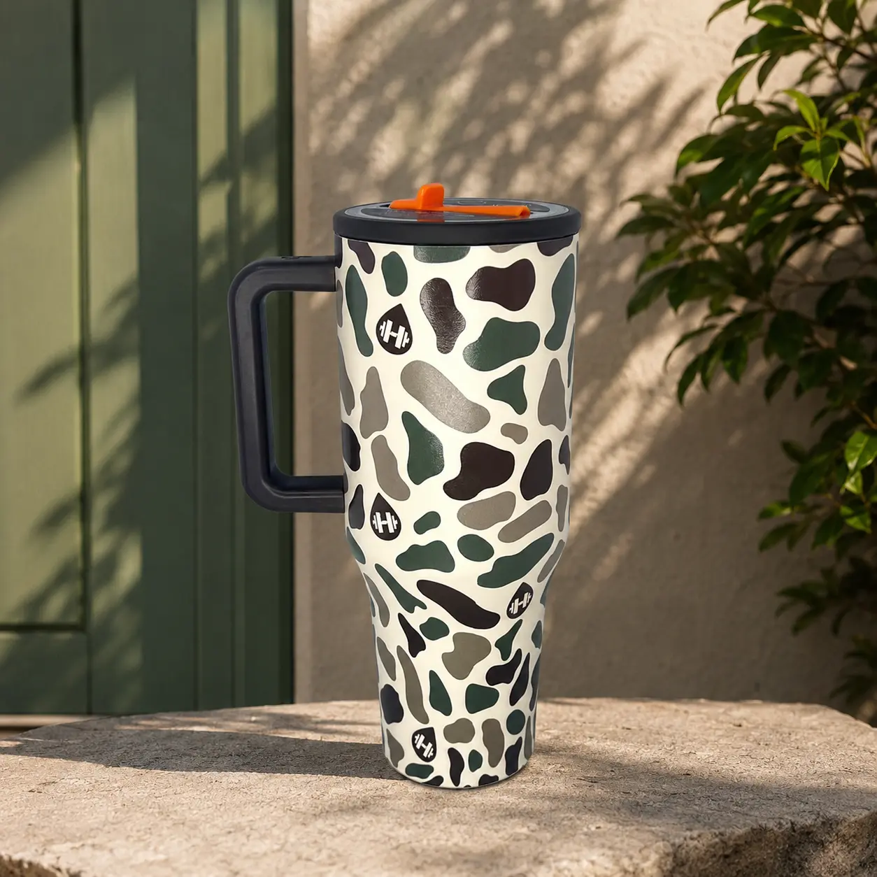 HydroJug Traveler 40oz Tumbler with Handle and Straw, Leak Proof Triple Wall Insulated Stainless Steel Bottle, Camo Leopard Print Mug for Gym Outdoor