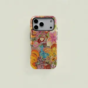 Pink bohemian style cute flower and sun patchwork pattern protective case, sturdy and durable 2-in-1 protective case, compatible with iPhone 17/16/15/14/13/12/11 Pro Max/Plus/Pro, Samsung Galaxy S25/S24/S23 Ultra series, simple and stylish phone case.