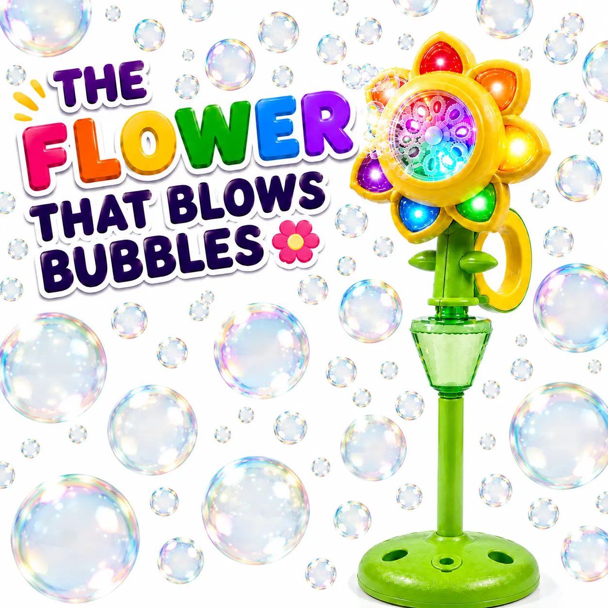 Magic Flower Bubble Machine for Kids, Automatic Bubble Blower with Colorful LED Lights & Music, 2-in-1 Handheld & Standing Bubble Maker, Outdoor Summer Toy Gift for Girls Boys sohochic