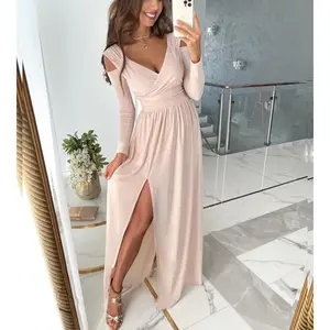 2025 Long Sleeve V-Solid Color Hem Split Dress Women