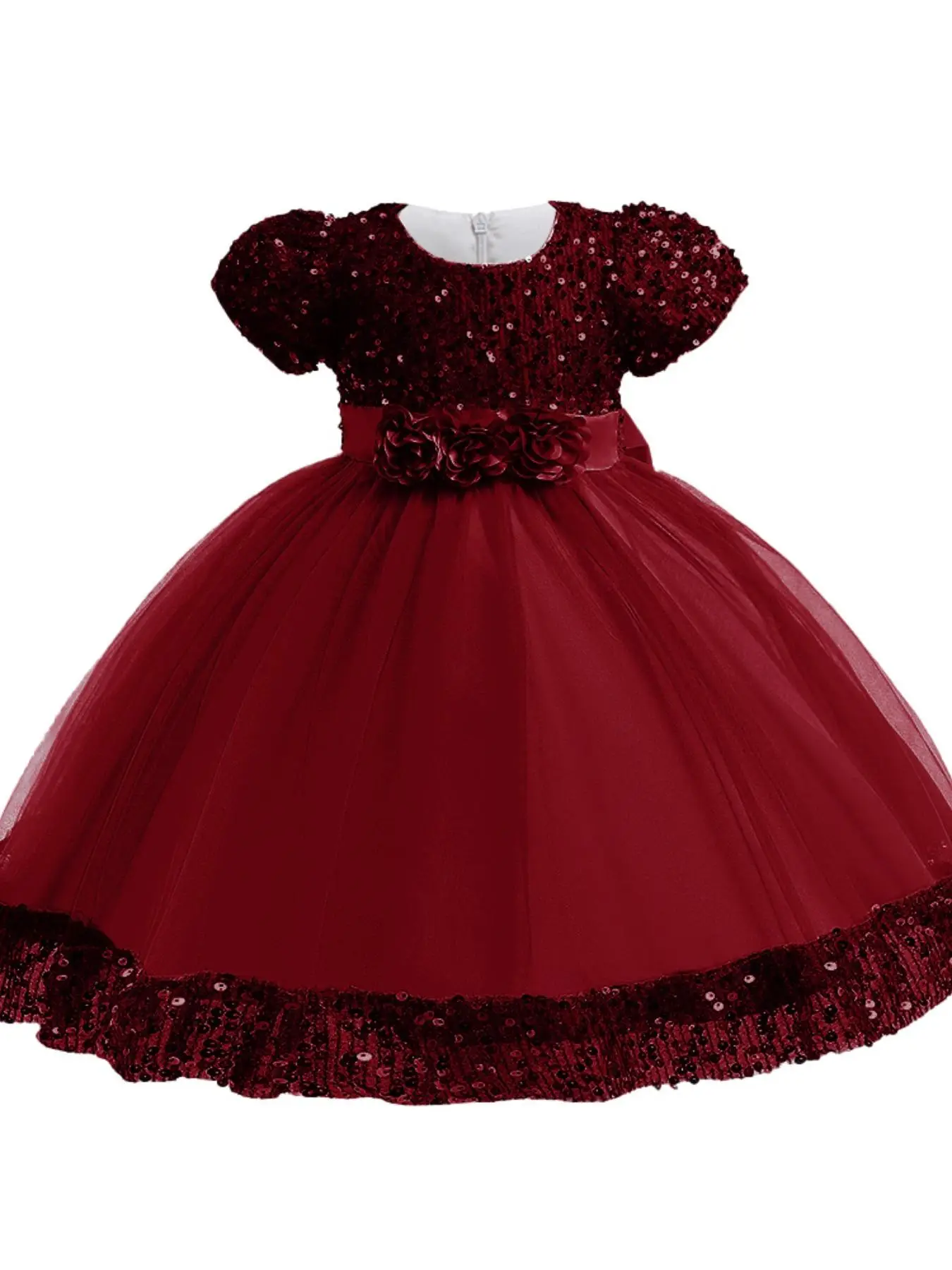 Girl's Contrast Sequin Flower Decor Big Bow Tulle Dress, Elegant Puff Sleeve Round Neck Tutu Dress for Party, Kids Formal Occasion Clothes