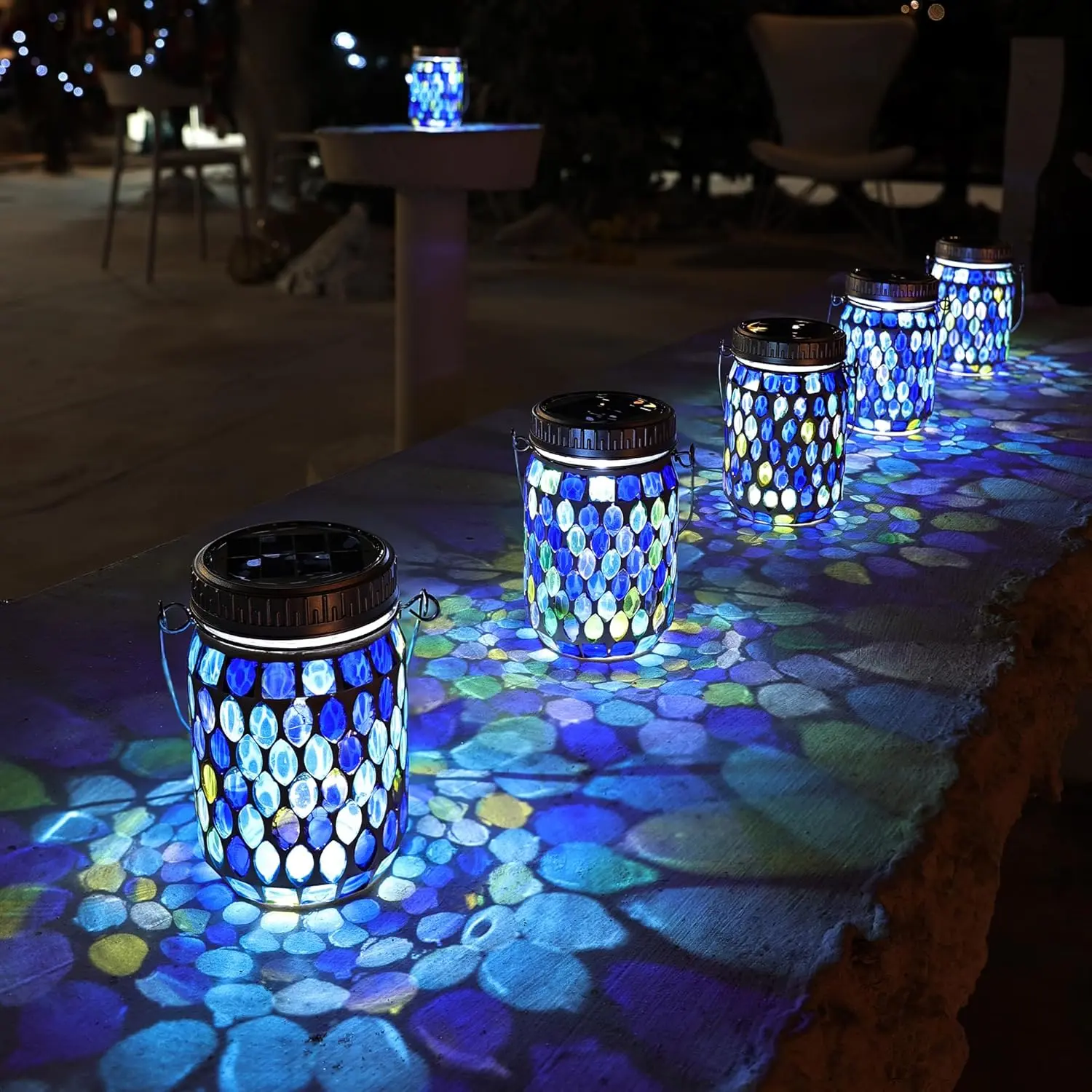 2 Pack Mosaic Lanterns Outdoor  with 215% Larger Solar Panel, Never Rust Lids, True Capacity - Solar Mason Mosaics Jar Lantern for Patio Garden Yard Balcony Hanging or Table