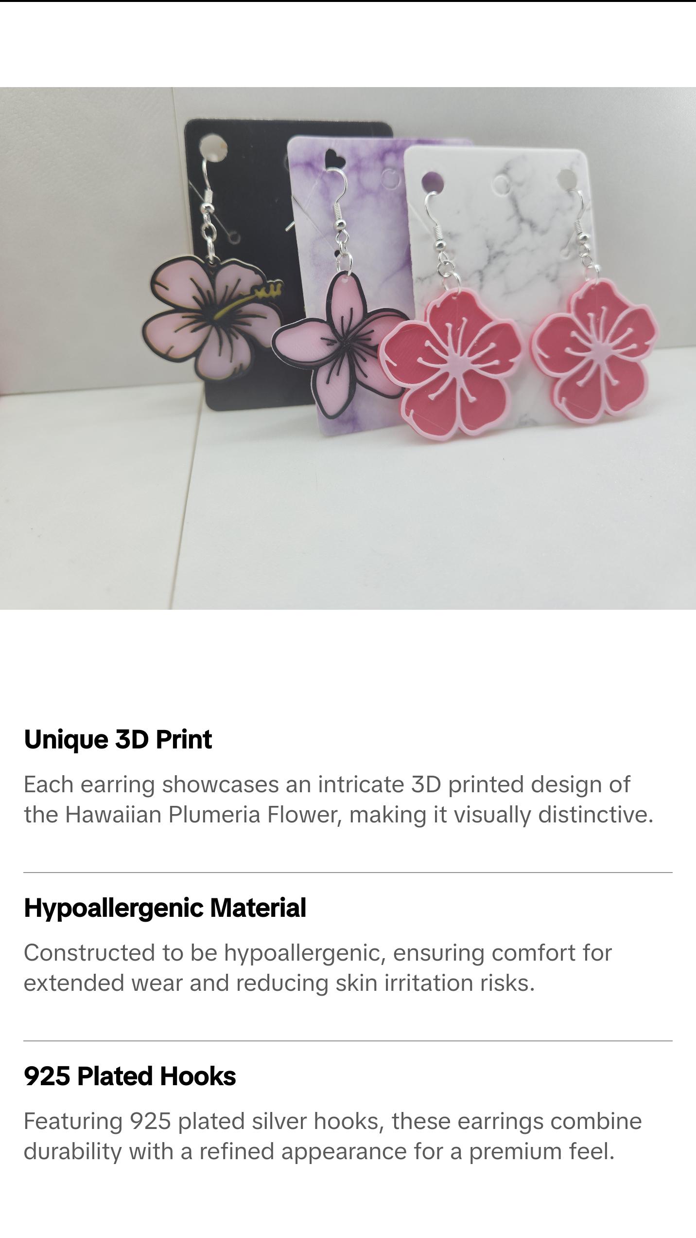 Hawaiian Plumeria Flower 3D Printed Earrings - Elegant Design with Unique Floral Detail