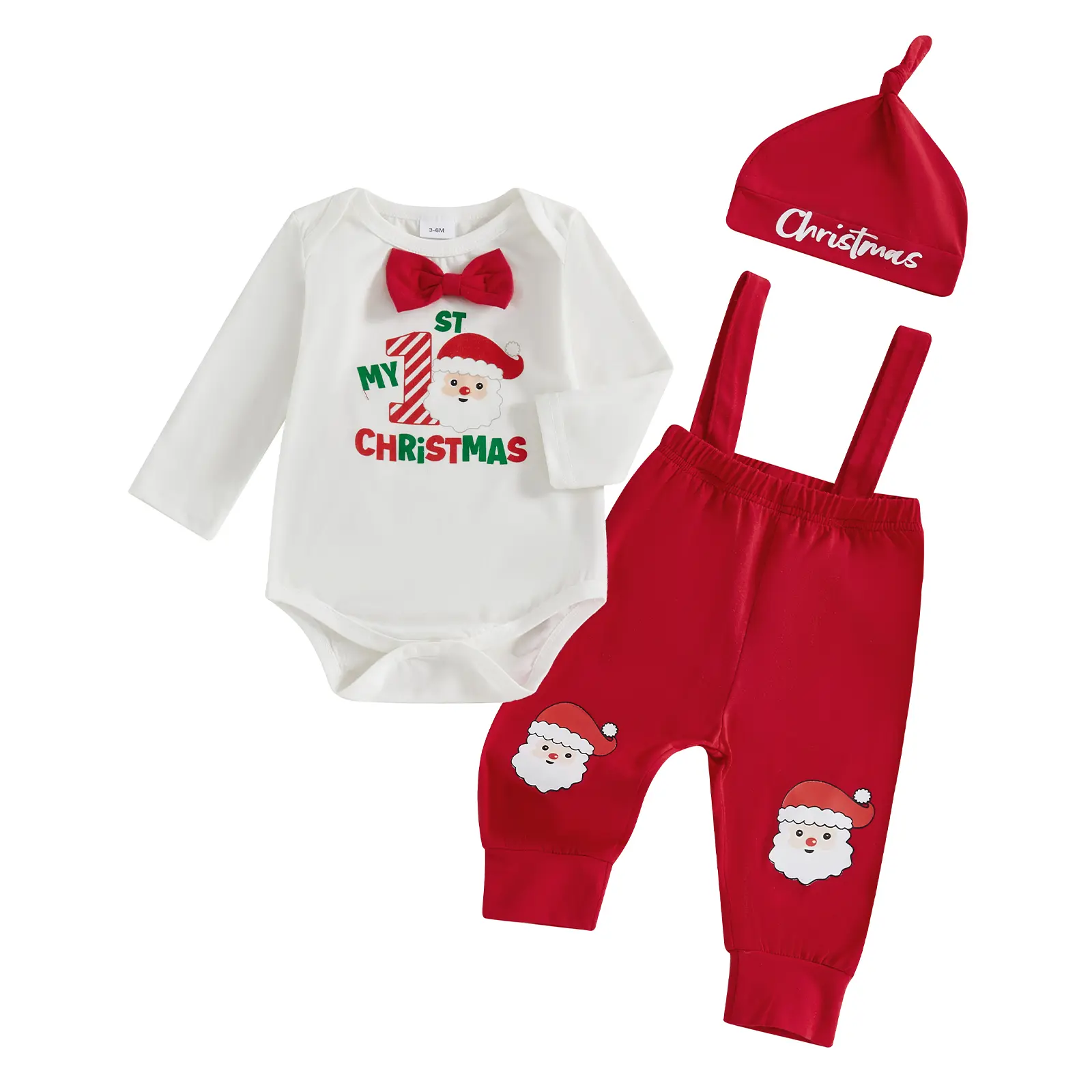 REDWOON My 1st Christmas Baby Boy Outfit Letter Print Long Sleeve Bowtie Romper Suspender Pants with Hat 3Pcs Clothes Sets