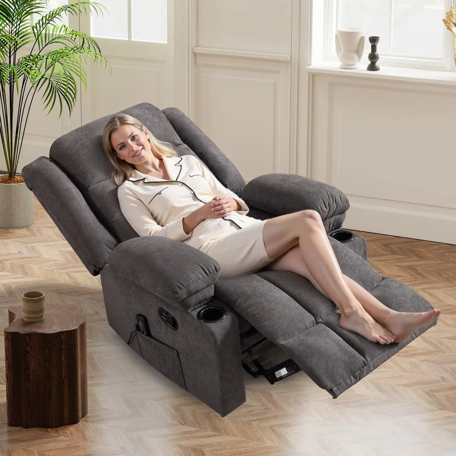 Ebello 37" Overstuffed Manual Massage Recliner Chair - Heated Vibration, Wall Hugger Single Sofa with Cup Holders, Gray/Brown for Living Room, Bedroom, Heated Chairs