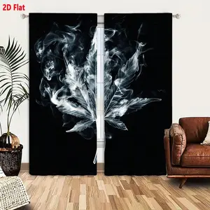 2D Flat 2-Pack Black and White Sheer Smoke Cannabis Leaf Pattern Curtains, Semi-Transparent Ethereal Smoke Vein Leaf Design with Solid Black Background, Dynamic Serene Window Treatment for Living Room Bedroom