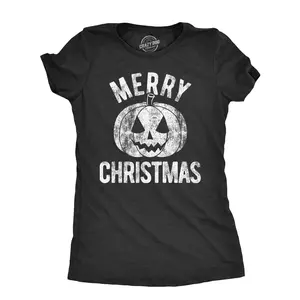Womens Merry Christmas T Shirt Funny Halloween Pumpkin Jack O Latern Joke Tee for Ladies Funny Womens T Shirts Cute Vintage Fashion Casual Ladies T-Shirt Gift Halloween Tops for Women Funny Sarcastic Top Black -