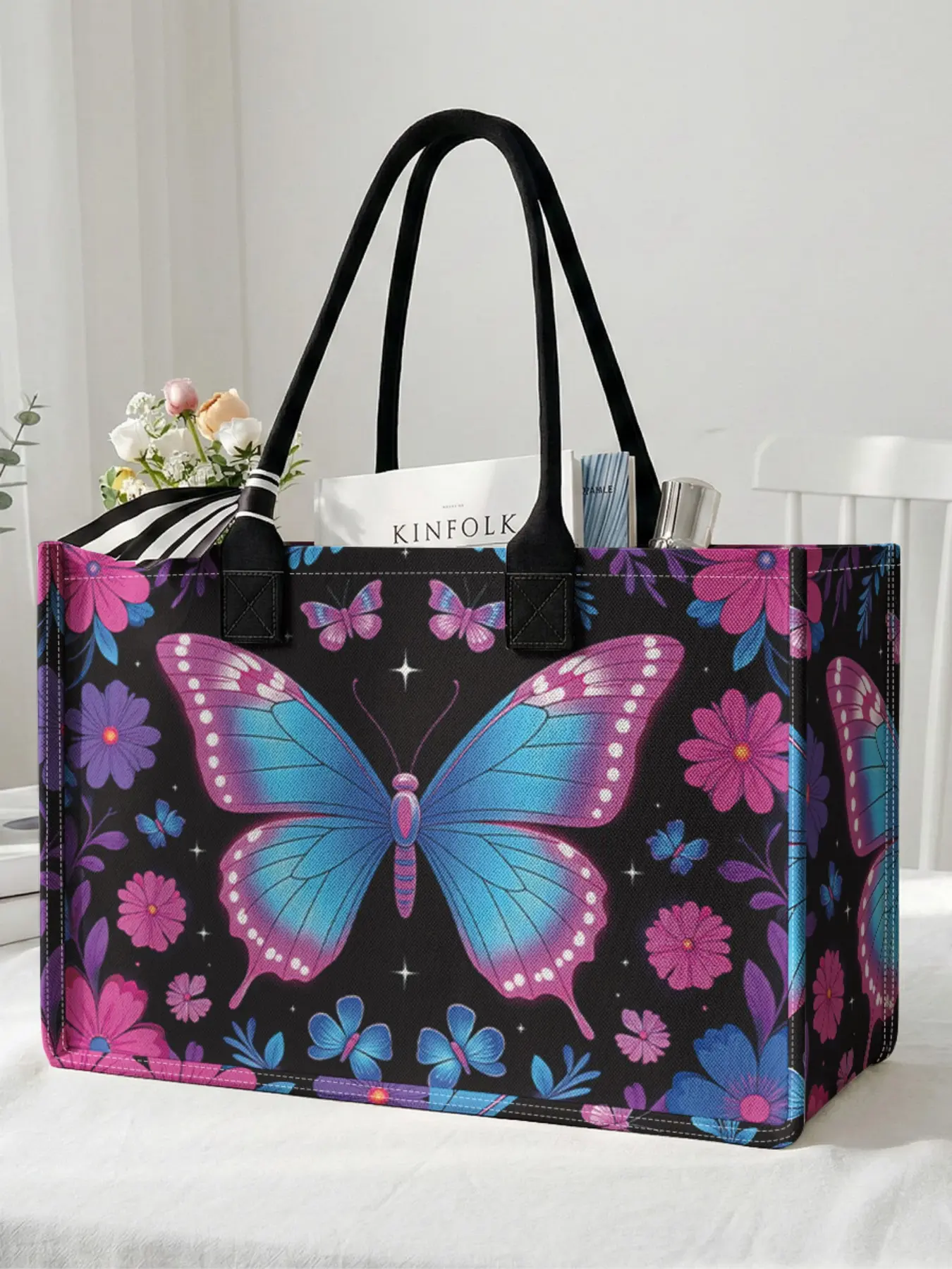 1 piece of butterfly floral pattern 2D printed large capacity storage bag, extra large storage bag, sturdy handle, space-saving multifunctional, suitable for use at school, on business trips, and shopping, Travel Essentials