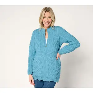 Aran Craft Merino Wool Zip Front Sweater Cardigan