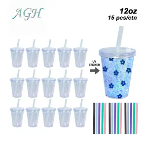 AGH US 15pcs 12OZ Plastic snow globe leak-proof kids glitter cups with clear&coloring bubble-tea straws and clear lids