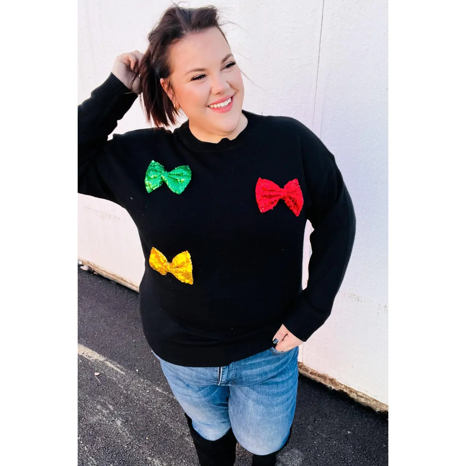 Be Merry Black Multicolor Sequin Bow Knit Sweater