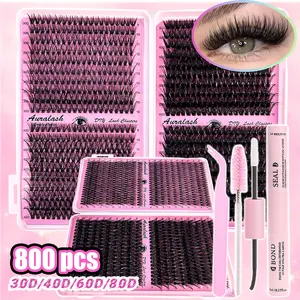 800/180PCS 30D/40D/60D/80D  80D D Curl Lash Clusters Kit 9-16mm Mixed Length, Wispy Manga Spiky Fluffy Individual Lashes, Natural Cat Eye Doll Eye DIY Lash Extension Set with Gentle Lash Glue, Waterproof Reusable Cluster Lashes for Beginners Daily Party