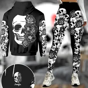 Skull And Roses - Personalized Skull Hoodie and Leggings, Gothic Floral Skull Outfit, Custom Rose Skull Sweatshirt and Pants, Unique Gift for Her