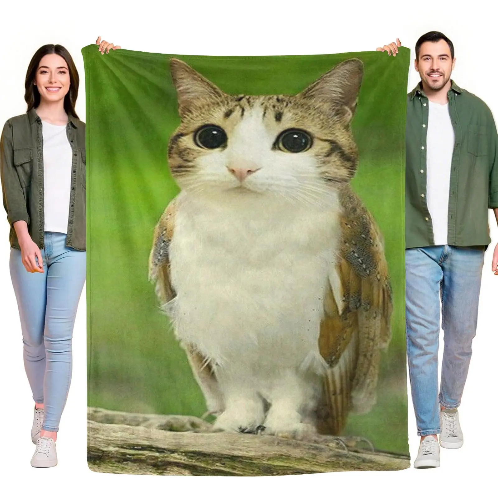 Flannel Blanket Cute Cat Face Owl Hybrid Animal Meme Print Ultra Soft Thick Plush Blanket For Sofa Bed Daily Nap And Outdoor Rest