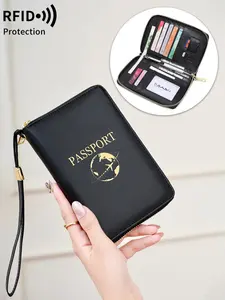 The family passport wallet can hold 2 passports, RFID anti-theft, simple solid color passport clip, with wrist strap wallet, multi-functional zipper card clip with pen slot, unisex, suitable for daily use and travel essentials